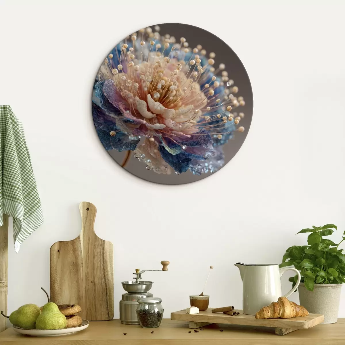 Runde Wandbilder Perlmuttfarbene Blume mit Tautropfen, pfirsich- und blaue Blütenblätter r45911
