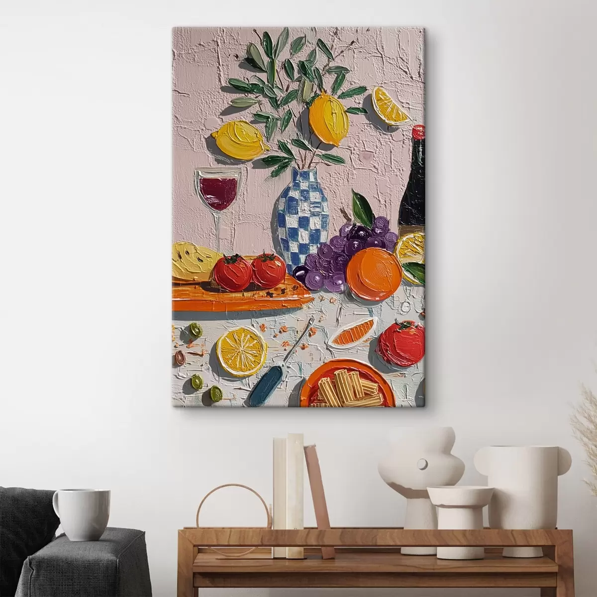 Fototapete Pastell-Stillleben: Zitronen, Trauben und Tomaten, Impasto s45876