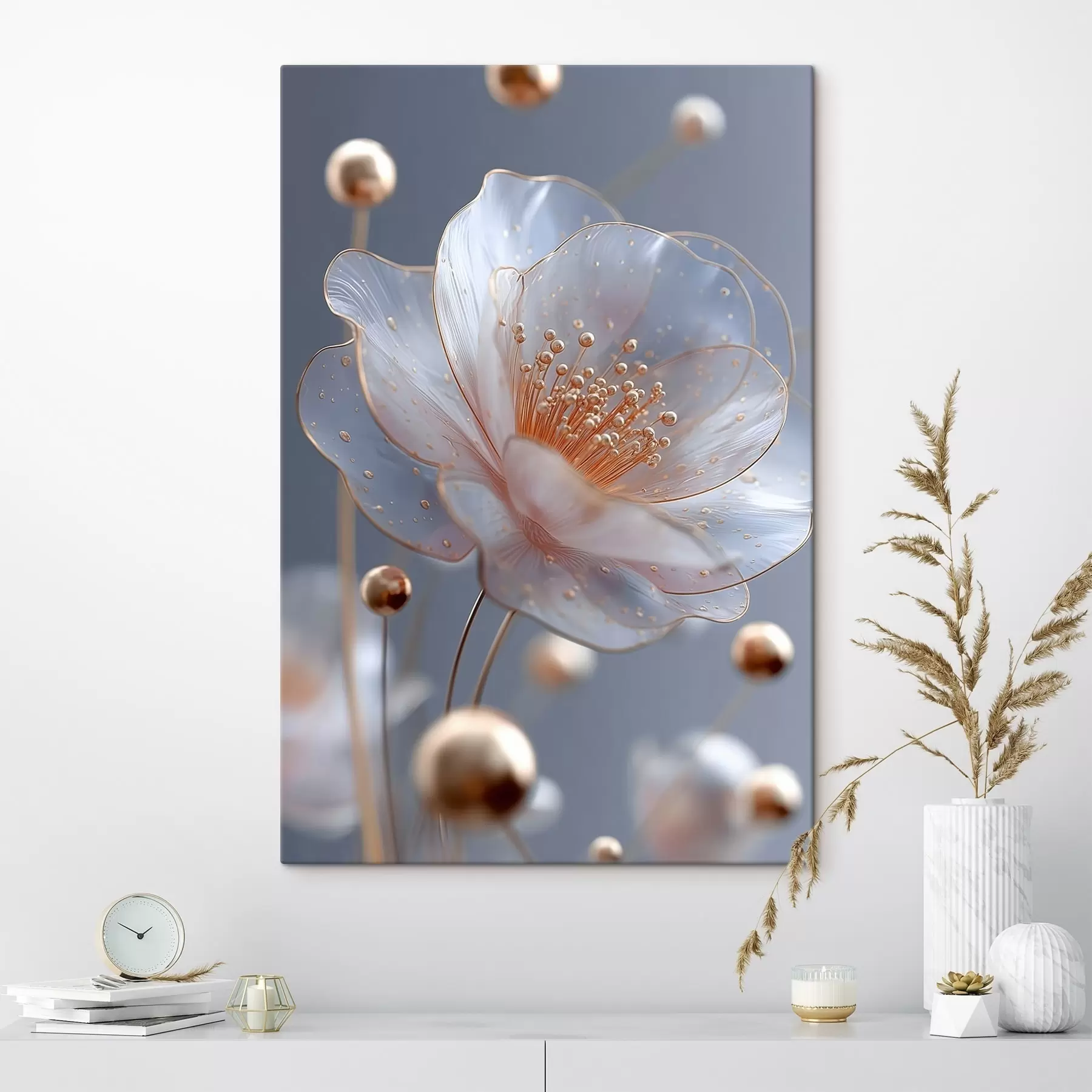 Fototapete Durchscheinende Blume mit kupferfarbenen Staubblättern auf blauem Hintergrund s45880