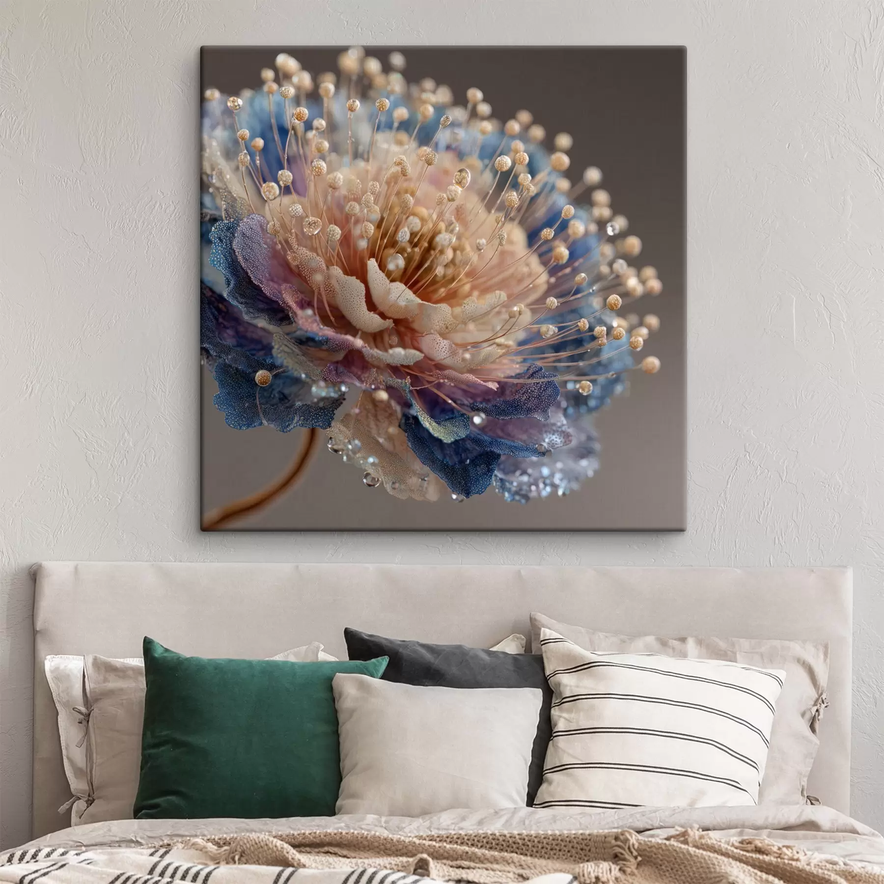 Fototapete Perlmuttfarbene Blume mit Tautropfen, pfirsich- und blaue Blütenblätter s45911
