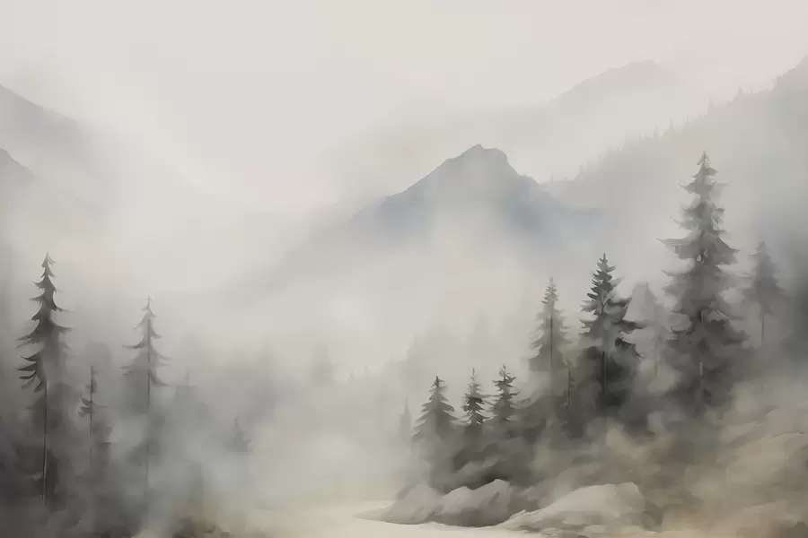 Fototapete Wald im Nebel vor dem Hintergrund der Berge w04493