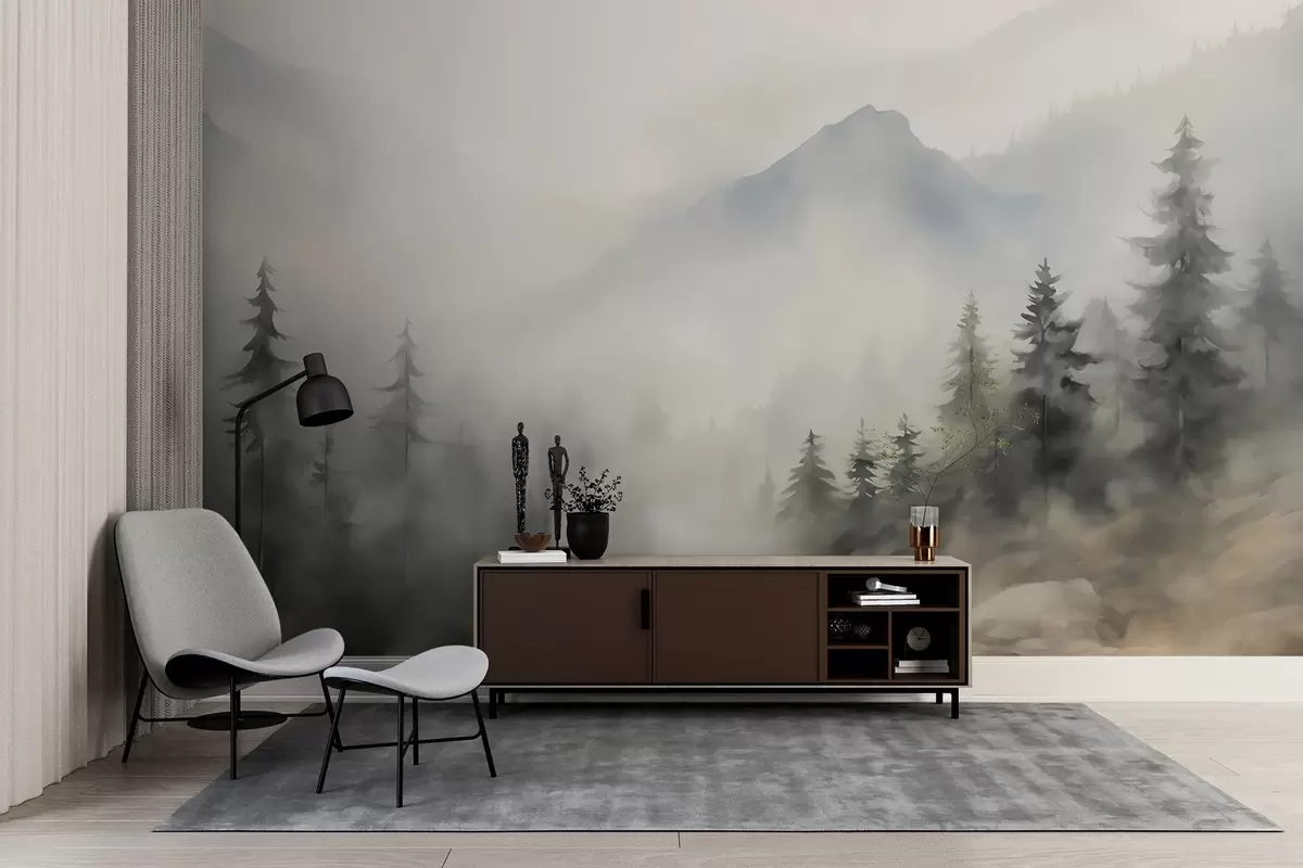Fototapete Wald im Nebel vor dem Hintergrund der Berge w04493