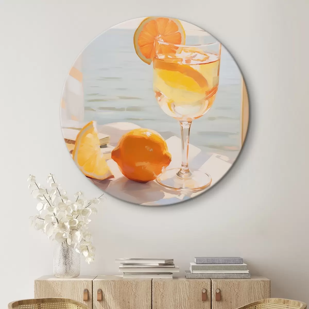 Runde Wandbilder Ein Cocktail in einem Glas am Fenster r46064