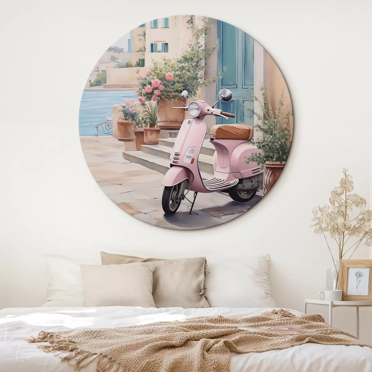 Runde Wandbilder Ein Roller vor dem Hintergrund eines Hauses r46065
