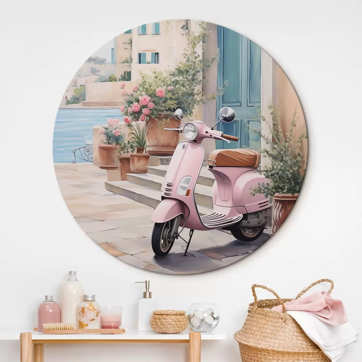 Runde Wandbilder Ein Roller vor dem Hintergrund eines Hauses r46065