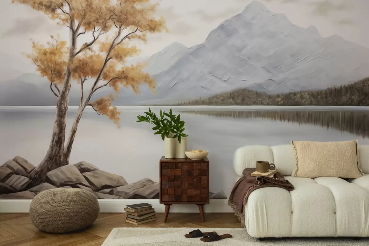 Fototapete Herbstbaum an einem Bergsee, ruhige Pastelltöne w04611