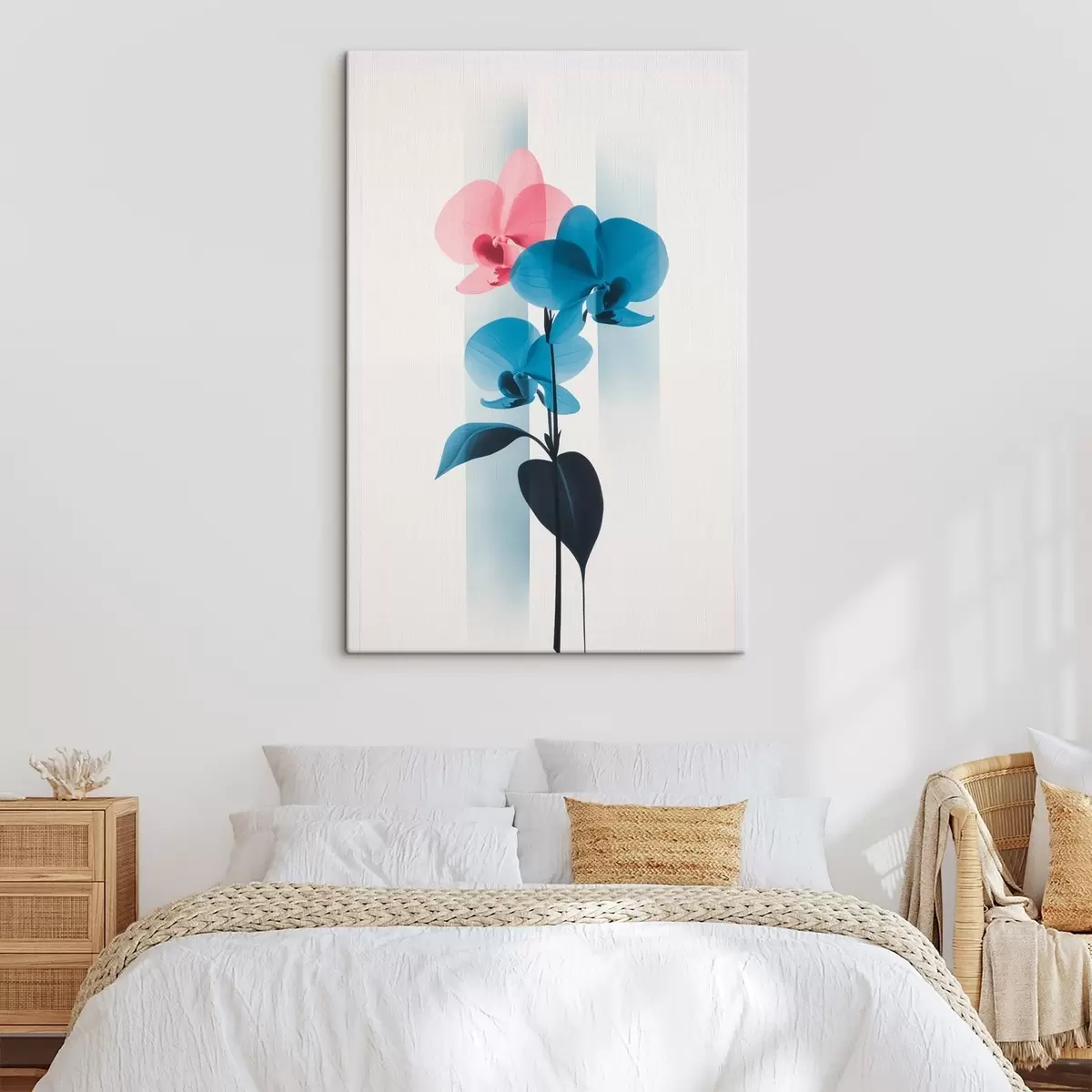 Fototapete Orchideen mit Blättern auf weißem Hintergrund mit vertikalen Streifen s45925