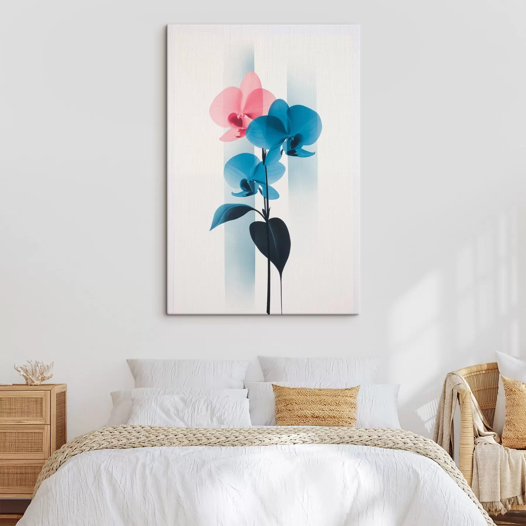 Fototapete Orchideen mit Blättern auf weißem Hintergrund mit vertikalen Streifen s45925