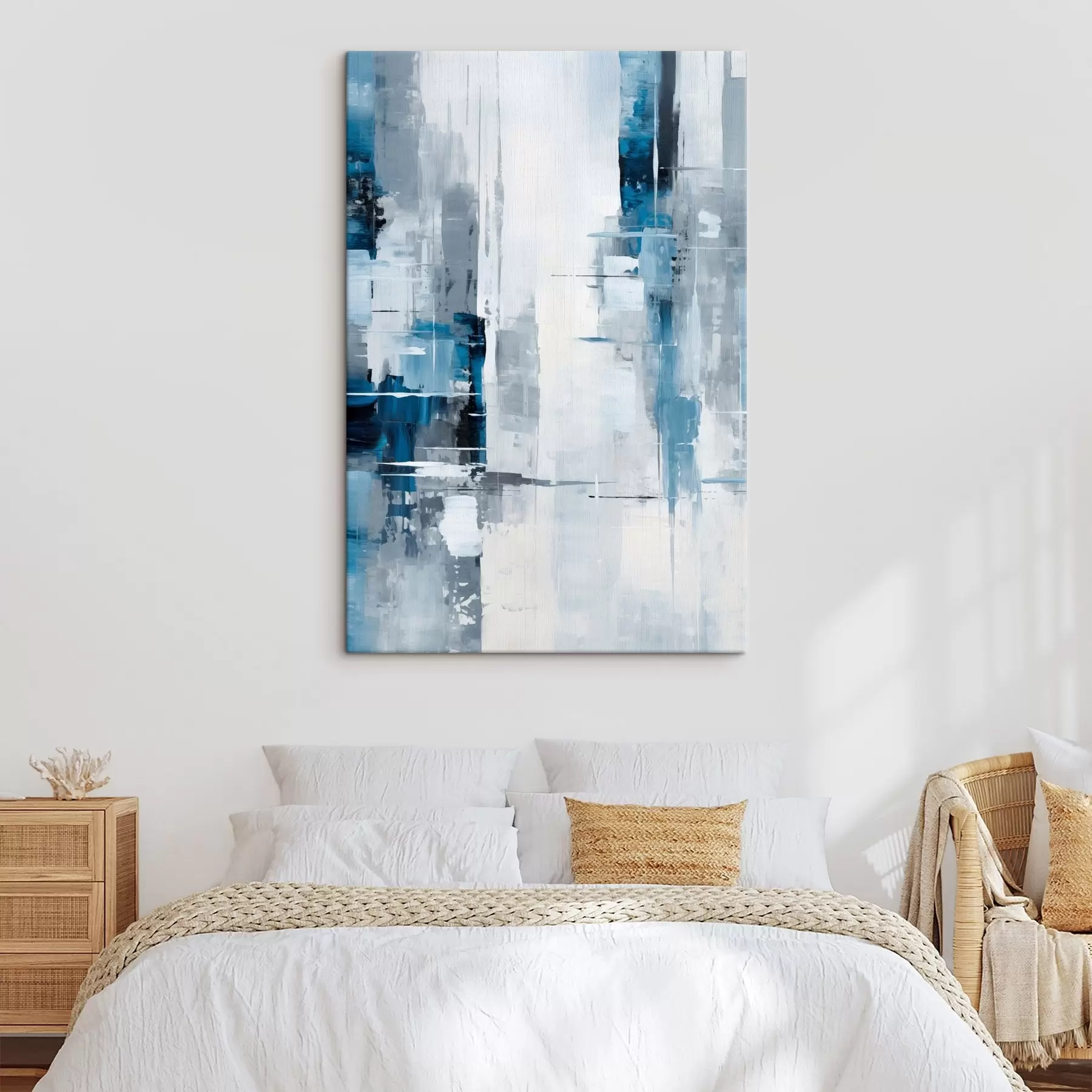 Fototapete Abstrakte Malerei-Imitation mit blauen, grauen und weißen Farben, vertikalen Linien und geometrischen Formen s45926