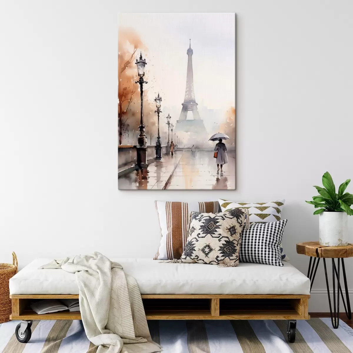 Fototapete Ein regnerischer Tag in Paris mit dem Eiffelturm im Hintergrund und Vintage-Straßenlaternen s45930