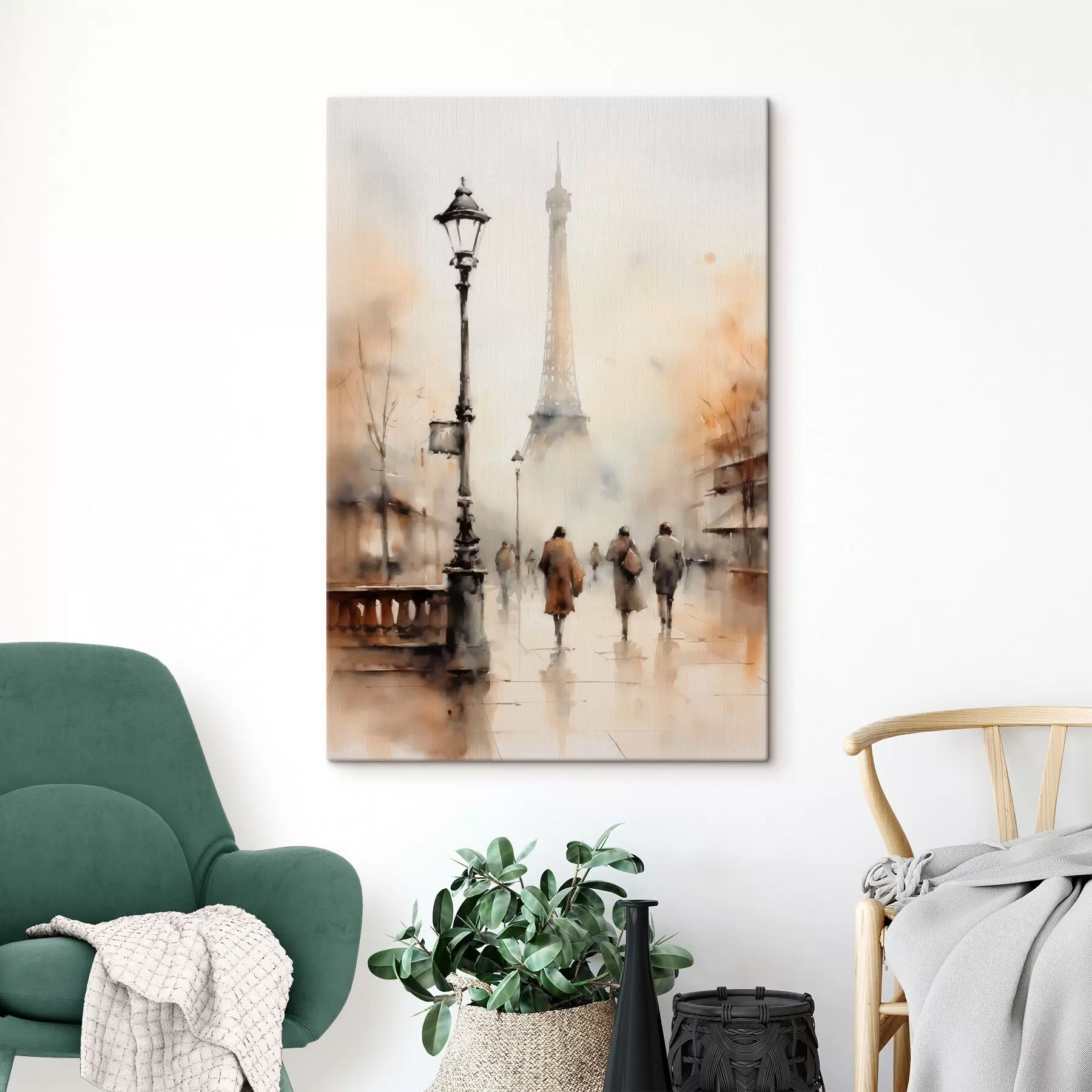 Fototapete Ein regnerischer Herbsttag in Paris mit dem Eiffelturm im Hintergrund und Vintage-Straßenlaternen s45931