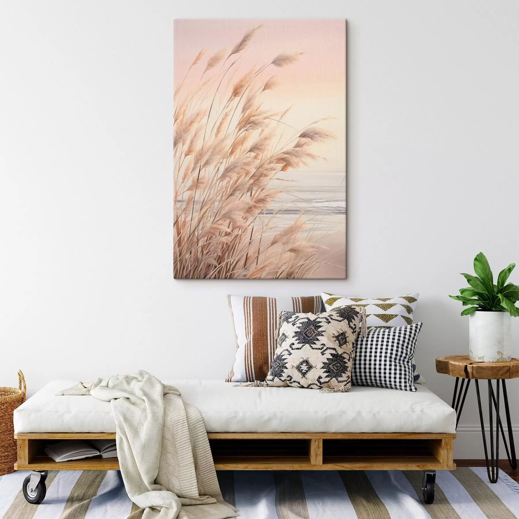Fototapete Pampasgras mit pastelloranger Farbpalette, hellrosa Himmel, eine ruhige Landschaft s45934