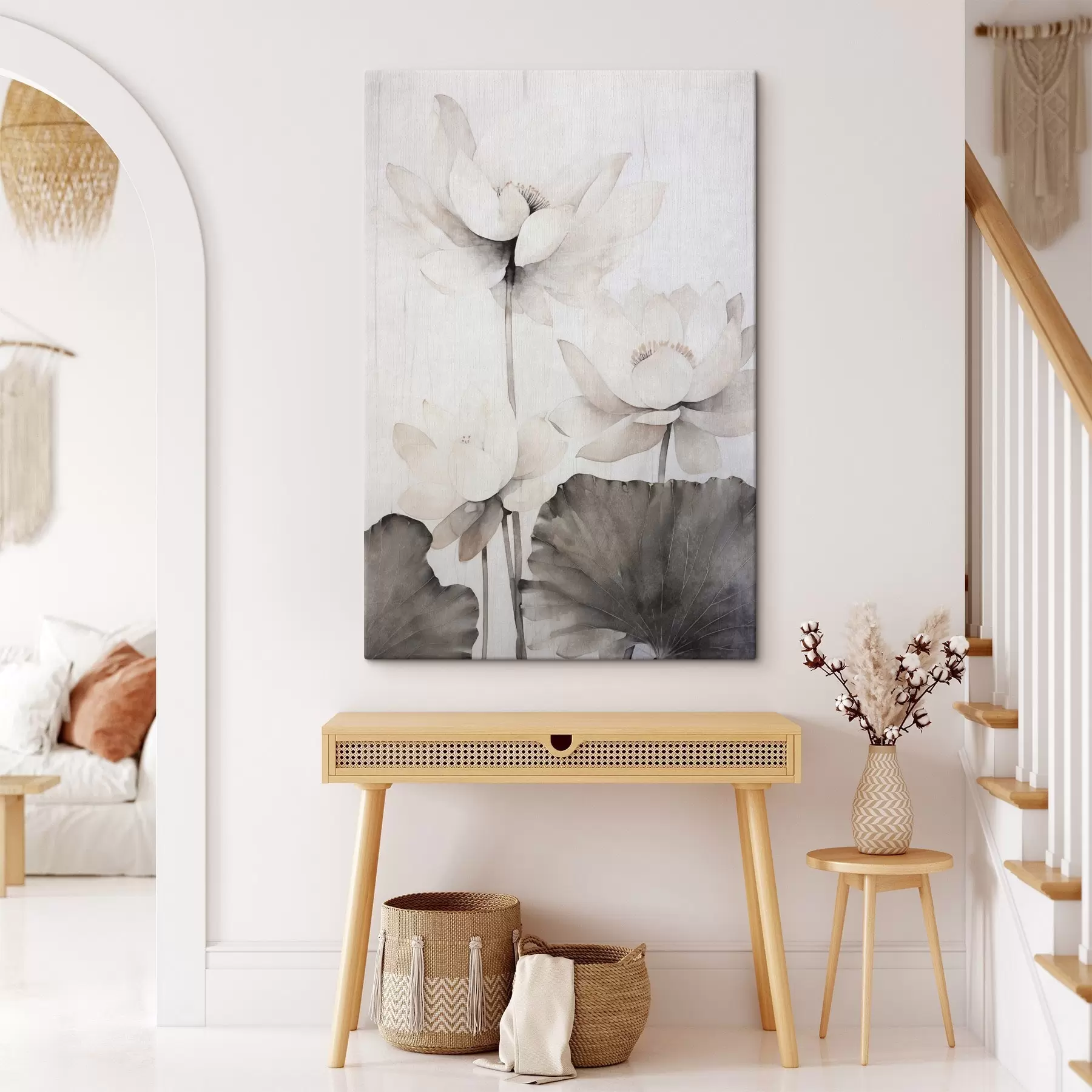 Fototapete Weiße Lotusblumen mit dunkler Blattstruktur, heller Hintergrund, minimalistisches Design s45936