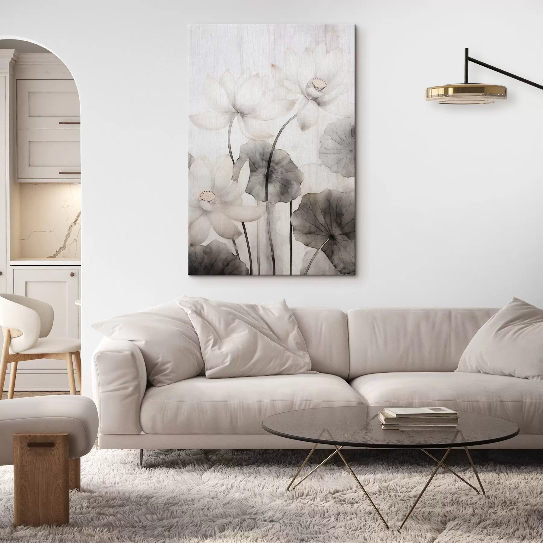 Fototapete Weiße Lotusblumen mit dunkler Blattstruktur, heller Hintergrund, minimalistisches Design s45937