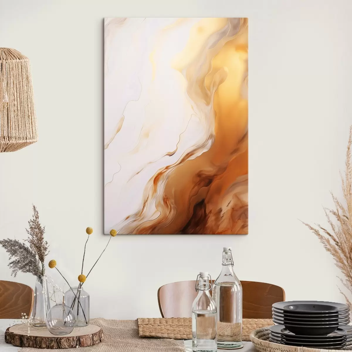 Fototapete Abstrakte Malerei-Imitation in Weiß und Orange, Fluid Art mit wellenförmigen Linien, moderne Kunst s45939