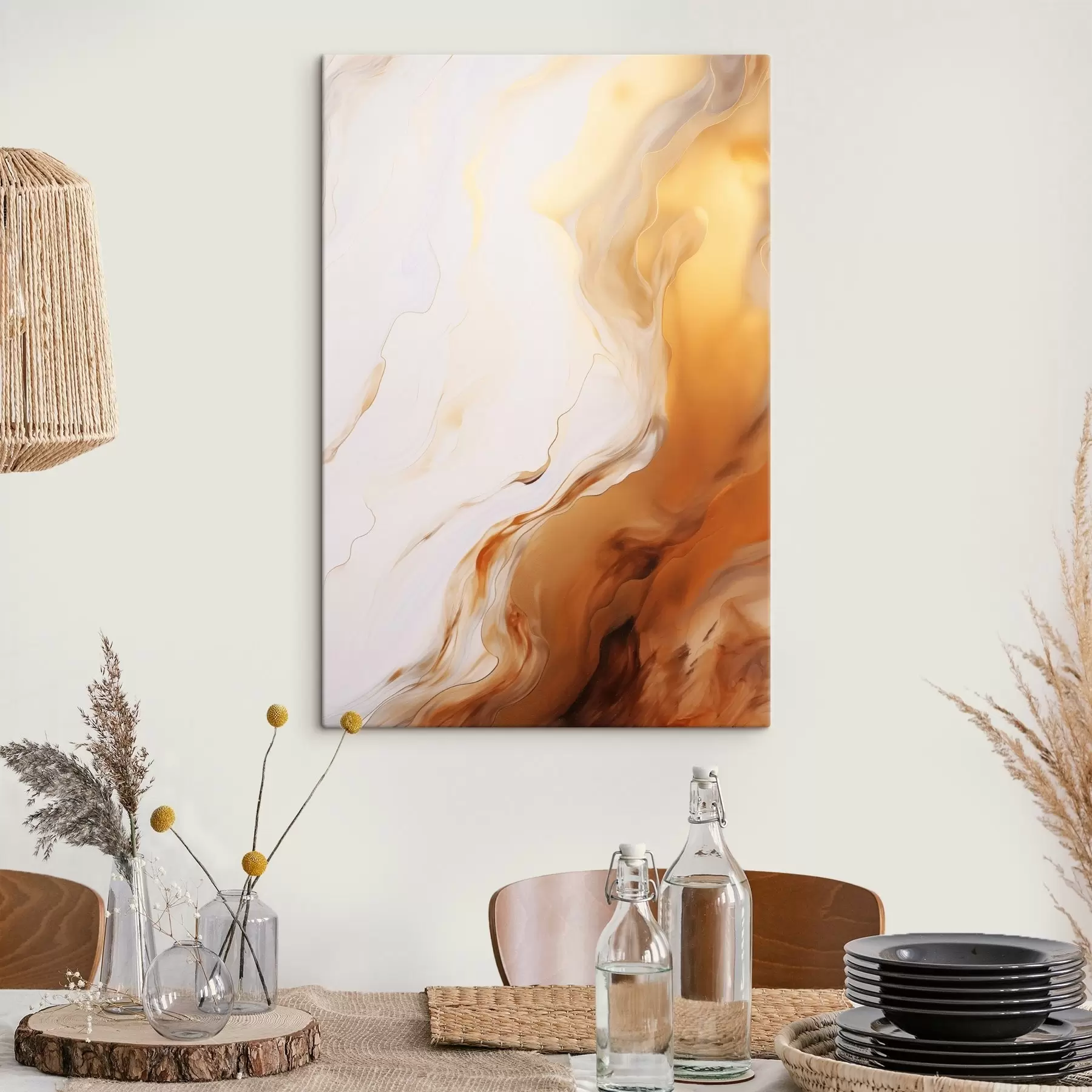 Fototapete Abstrakte Malerei-Imitation in Weiß und Orange, Fluid Art mit wellenförmigen Linien, moderne Kunst s45939
