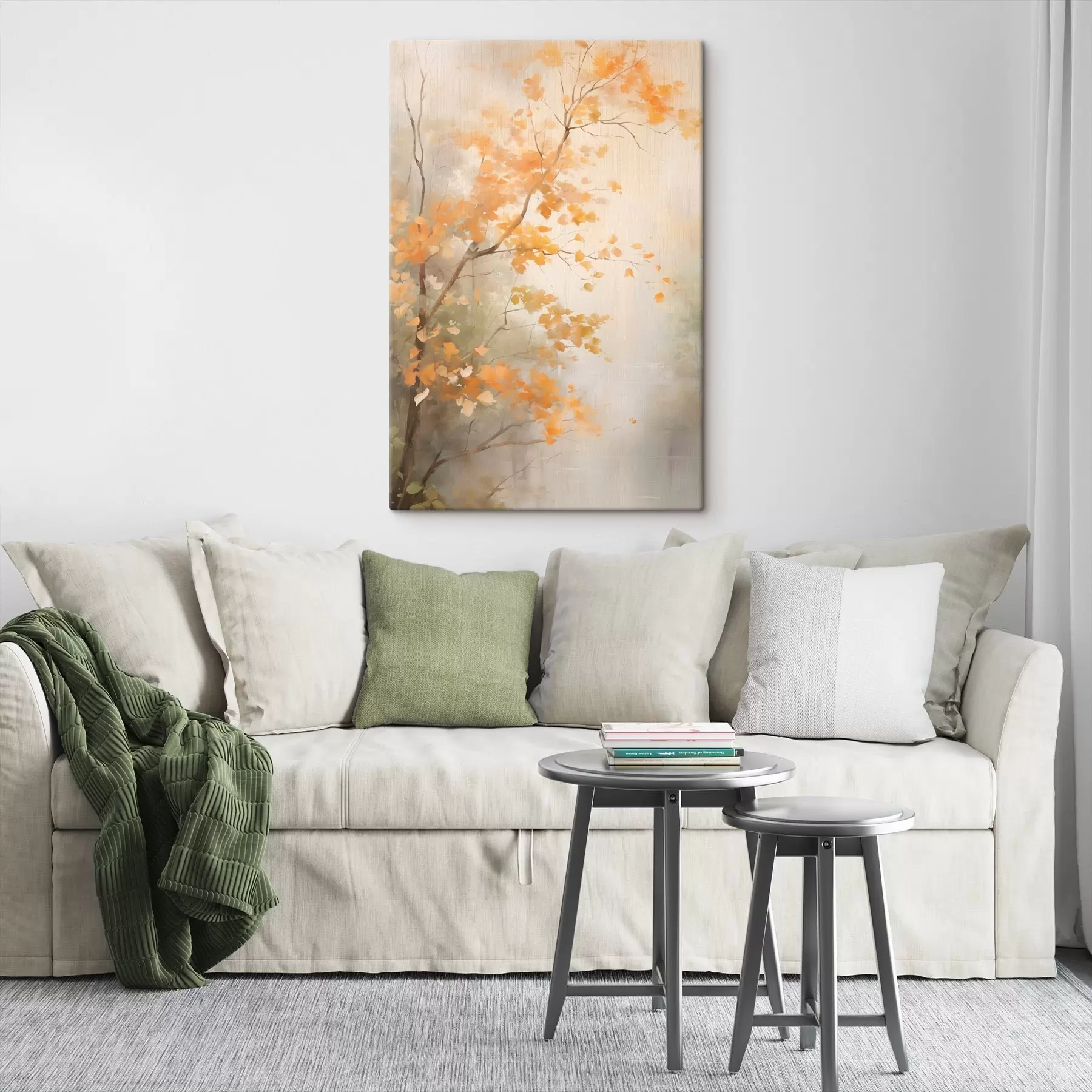 Fototapete Herbstliche Äste mit orangefarbenen Blättern in einem Wald mit sanftem Licht s45940