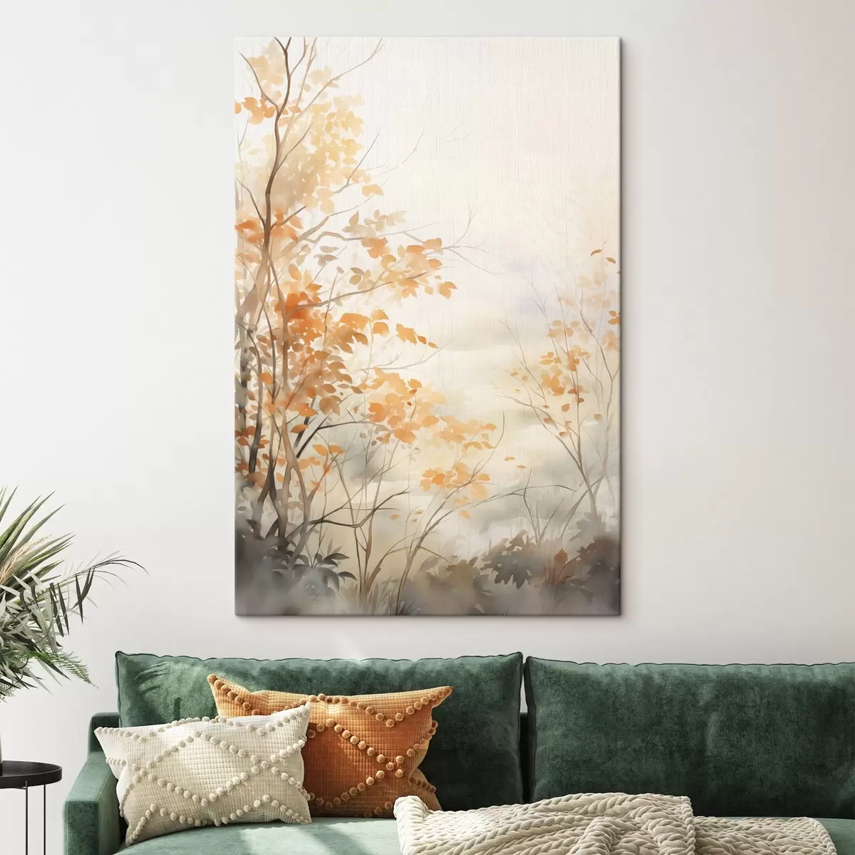 Fototapete Herbstbäume mit orangefarbenen Blättern und Zweigen, sanfter Aquarellstil, zarte Pinselstriche s45941