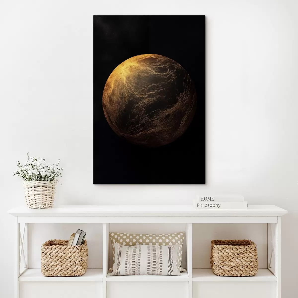 Fototapete Abstrakter Planet mit orangefarbenen Adern vor schwarzem Weltraumhintergrund, moderne minimalistische Kunst s45943
