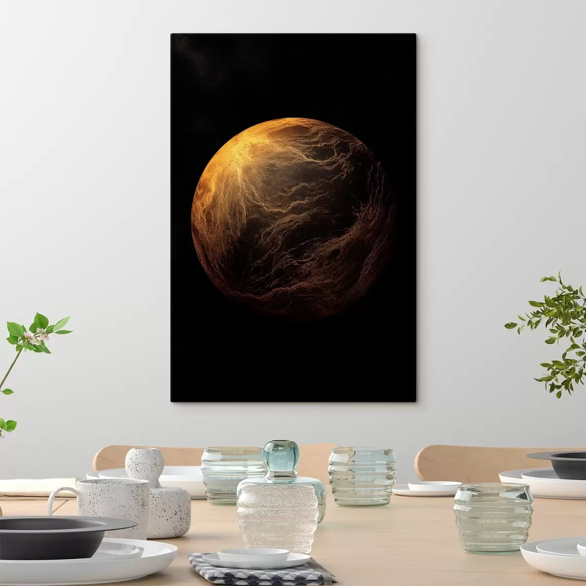 Fototapete Abstrakter Planet mit orangefarbenen Adern vor schwarzem Weltraumhintergrund, moderne minimalistische Kunst s45943