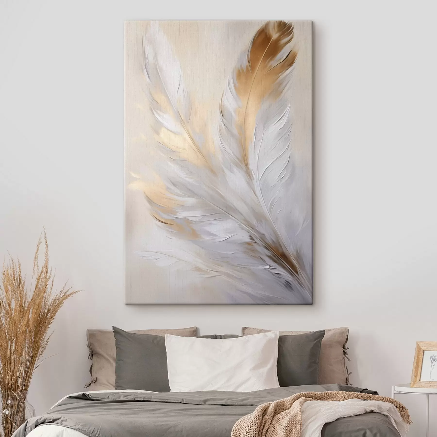 Fototapete Federn mit orangefarbenen Akzenten, sanfte Beleuchtung, strukturierte minimalistische Komposition, moderne Kunst s45944