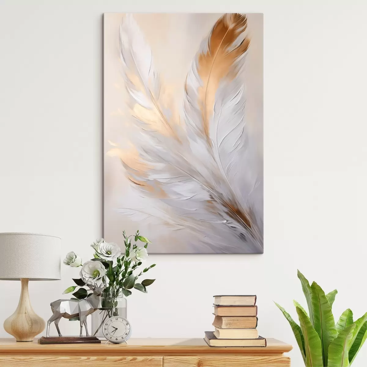 Fototapete Federn mit orangefarbenen Akzenten, sanfte Beleuchtung, strukturierte minimalistische Komposition, moderne Kunst s45944