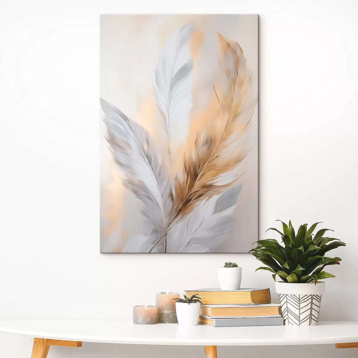 Fototapete Federn mit orangefarbenen Akzenten, strukturierte minimalistische Komposition, moderne Kunst s45945