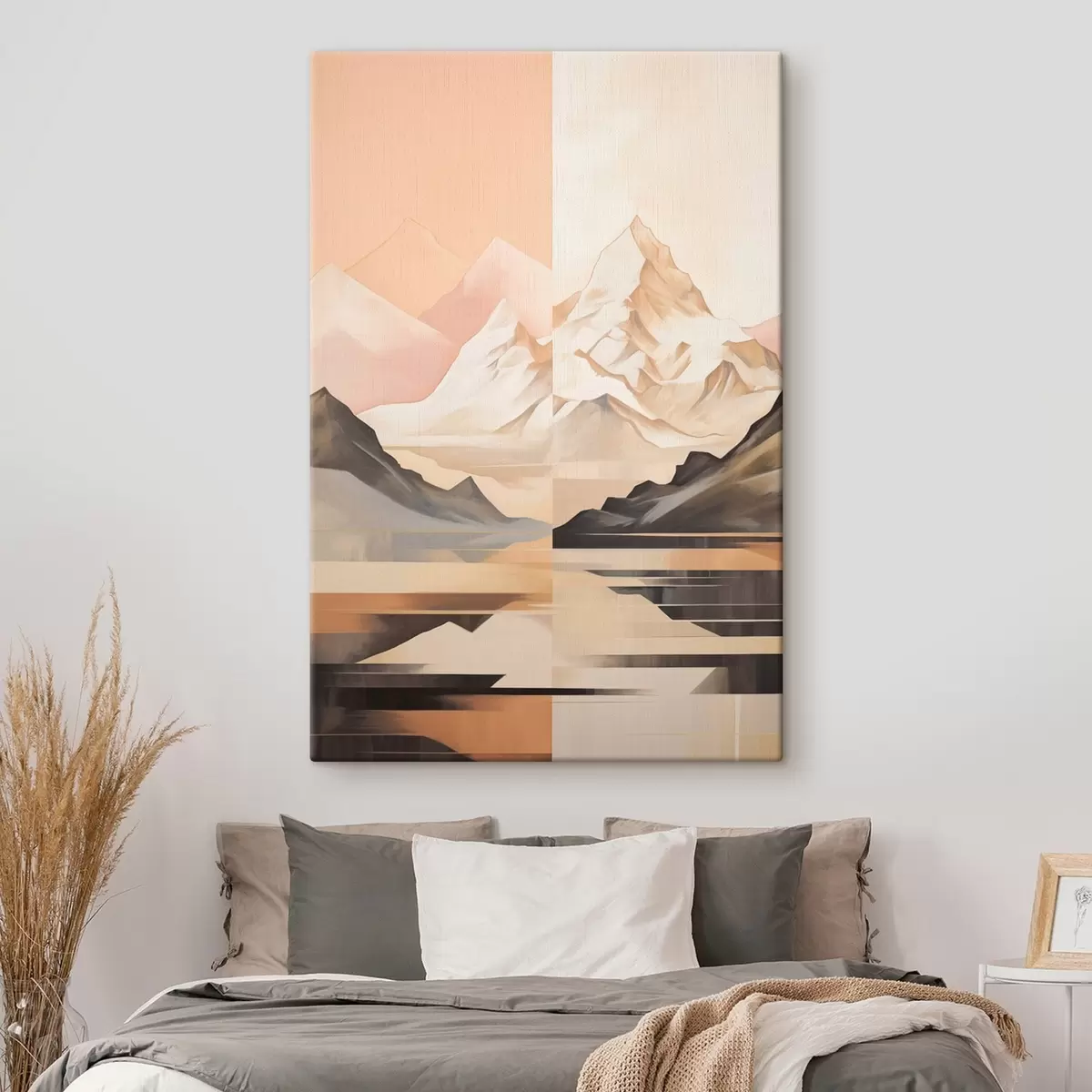 Fototapete Abstrakte Landschaft mit Bergen und einem See, Pastellfarben, minimalistischer Stil s45948