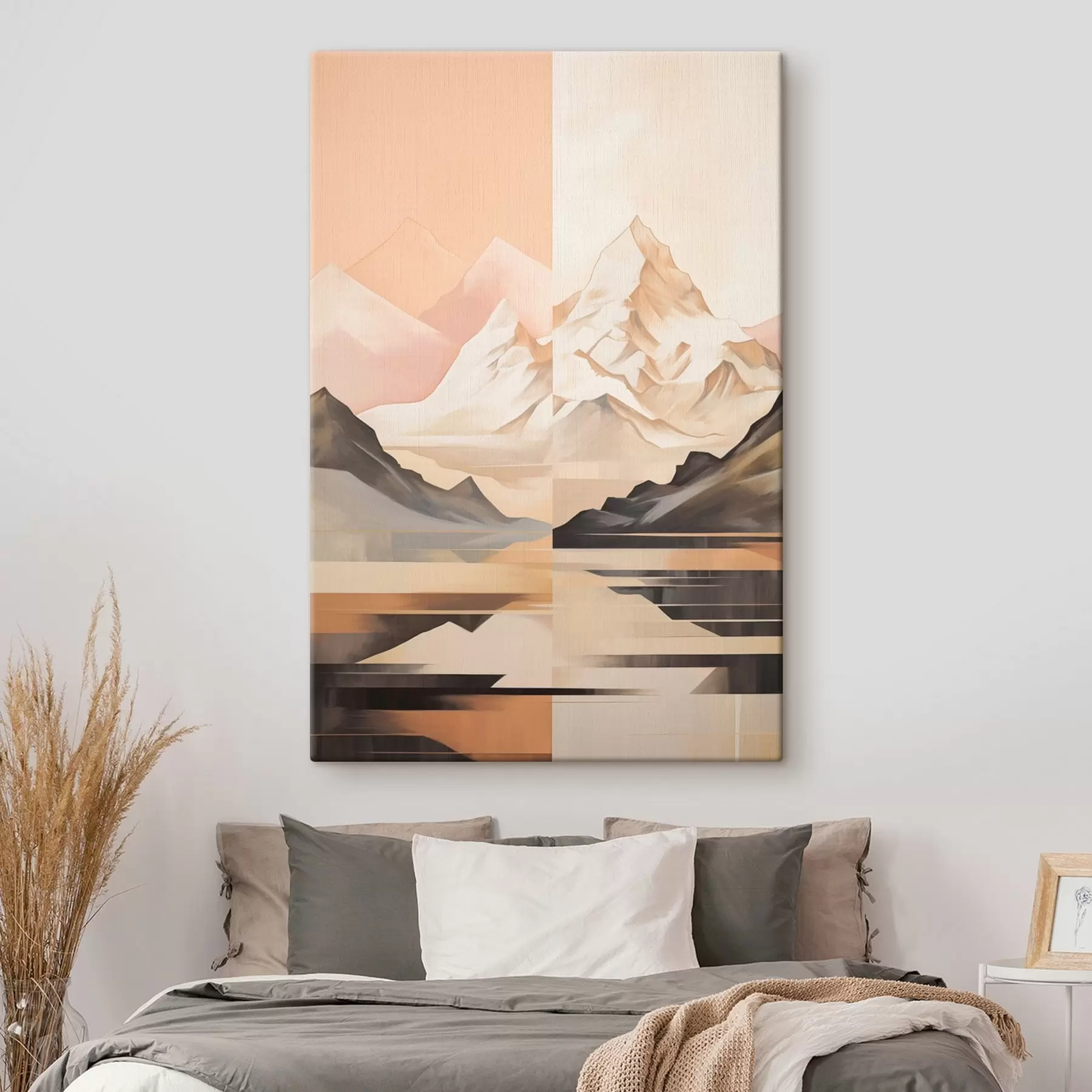 Fototapete Abstrakte Landschaft mit Bergen und einem See, Pastellfarben, minimalistischer Stil s45948