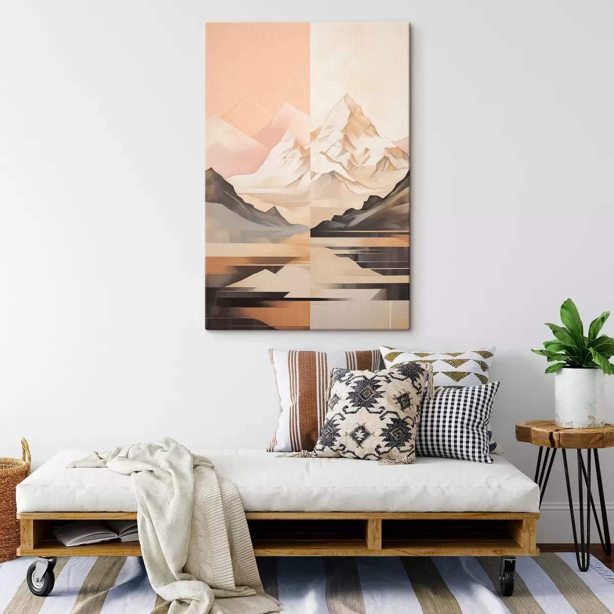 Fototapete Abstrakte Landschaft mit Bergen und einem See, Pastellfarben, minimalistischer Stil s45948