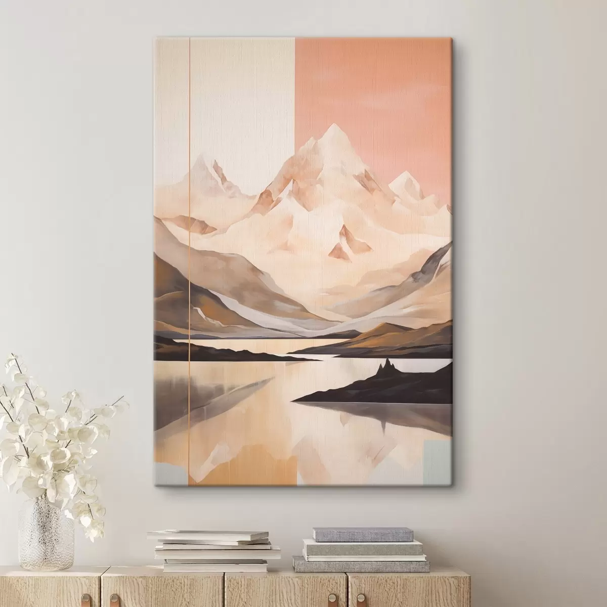 Fototapete Abstrakte Landschaft mit Bergen und einem See, Pastellfarben, minimalistischer Stil s45949