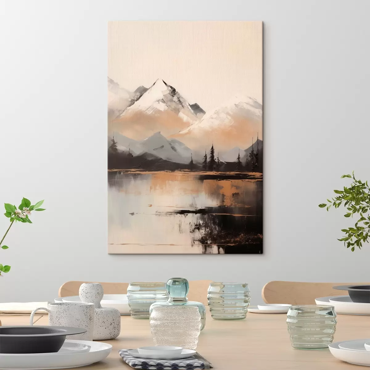 Fototapete Verschneite Berge mit Baumstruktur vor einem See s45951