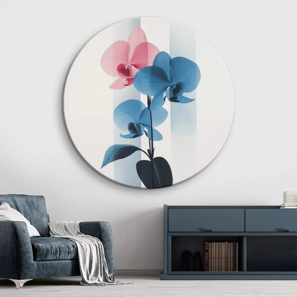 Runde Wandbilder Orchideen mit Blättern auf weißem Hintergrund mit vertikalen Streifen r45925