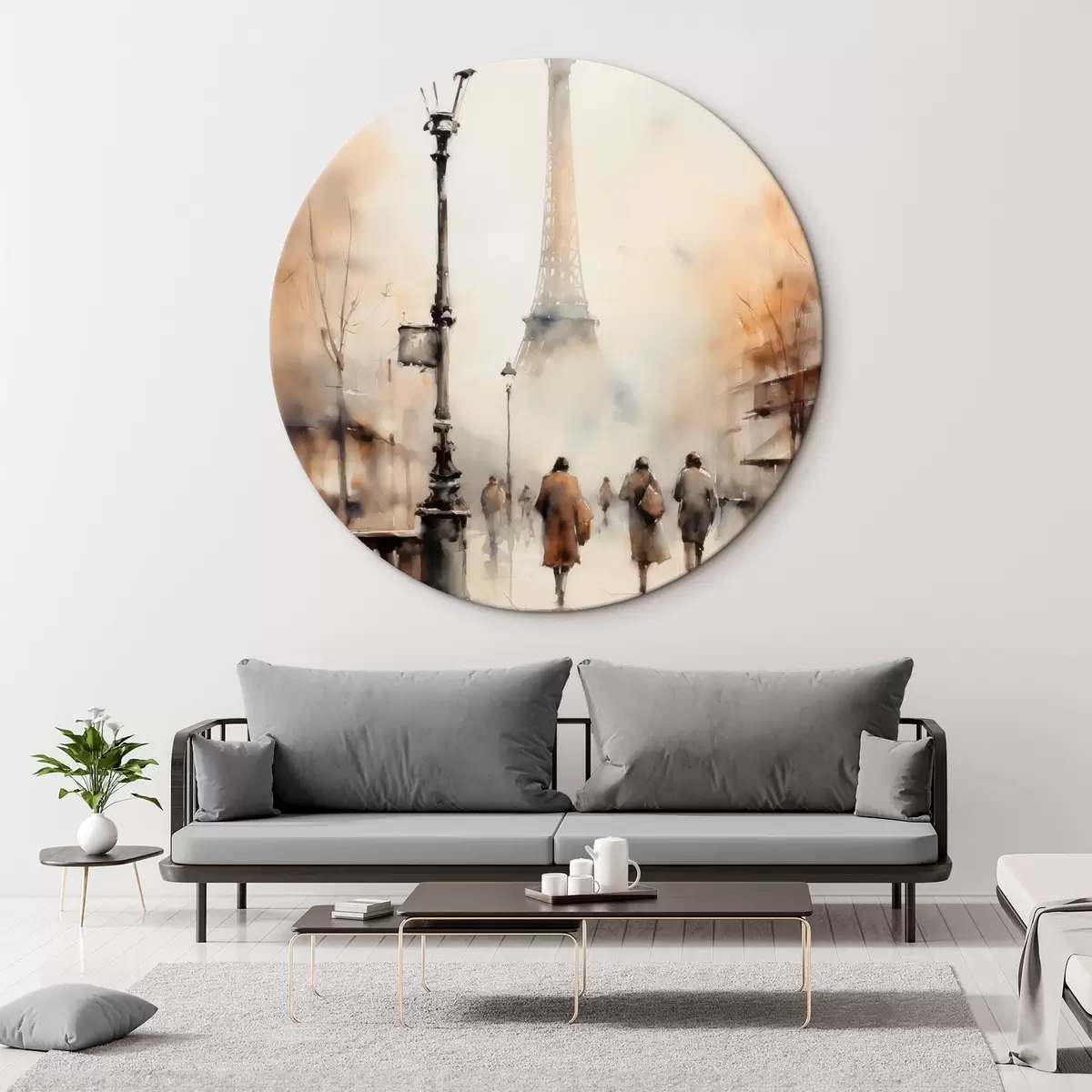 Runde Wandbilder Ein regnerischer Herbsttag in Paris mit dem Eiffelturm im Hintergrund und Vintage-Straßenlaternen r45931