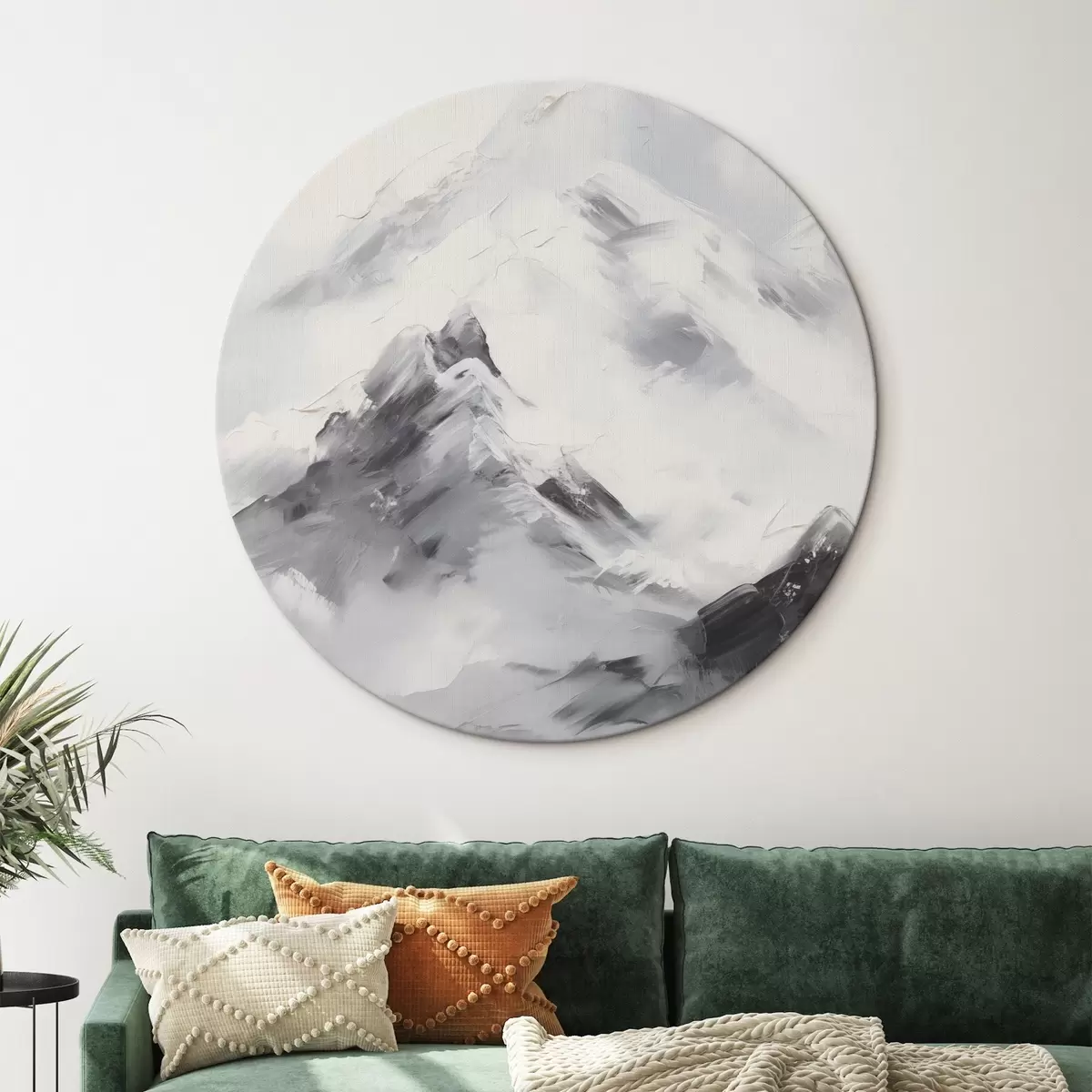 Runde Wandbilder Verschneite Berggipfel mit grauen Schatten, grauer Himmel, Pinselstriche, strukturiert, minimalistisch r45933