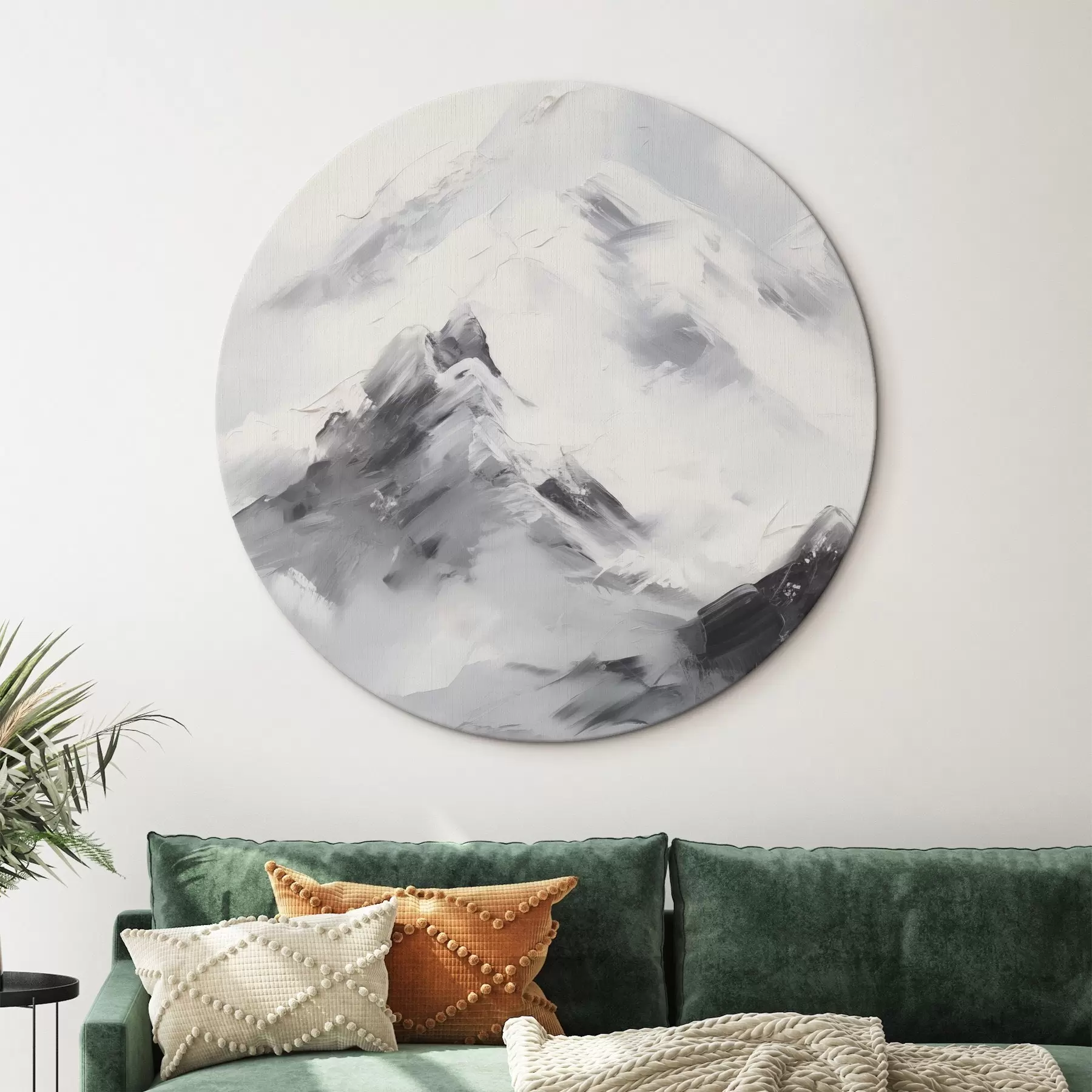 Fototapete Verschneite Berggipfel mit grauen Schatten, grauer Himmel, Pinselstriche, strukturiert, minimalistisch r45933