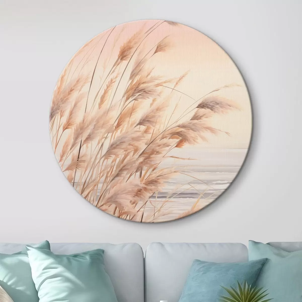 Runde Wandbilder Pampasgras mit pastelloranger Farbpalette, hellrosa Himmel, eine ruhige Landschaft r45934