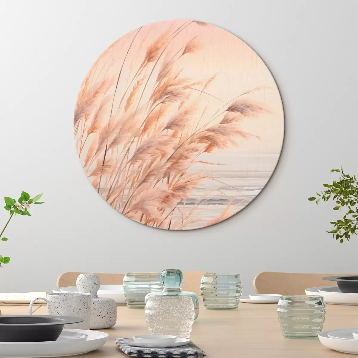 Runde Wandbilder Pampasgras mit pastelloranger Farbpalette, hellrosa Himmel, eine ruhige Landschaft r45934