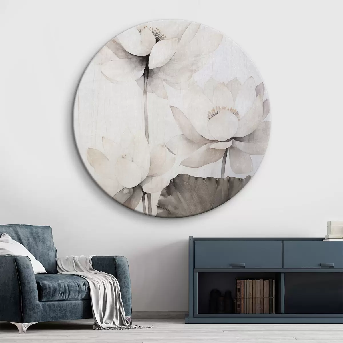 Runde Wandbilder Weiße Lotusblumen mit dunkler Blattstruktur, heller Hintergrund, minimalistisches Design r45936
