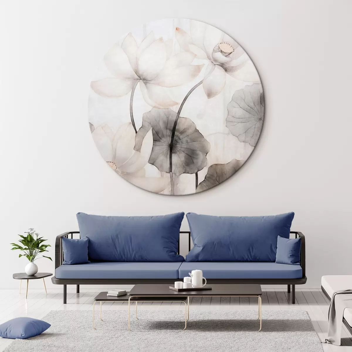 Runde Wandbilder Weiße Lotusblumen mit dunkler Blattstruktur, heller Hintergrund, minimalistisches Design r45937