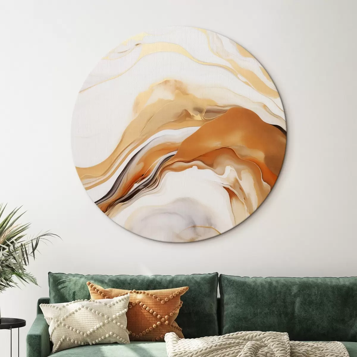Runde Wandbilder Abstrakte Malerei-Imitation mit fließenden Formen in Weiß-, Orange- und Brauntönen, minimalistisch r45938