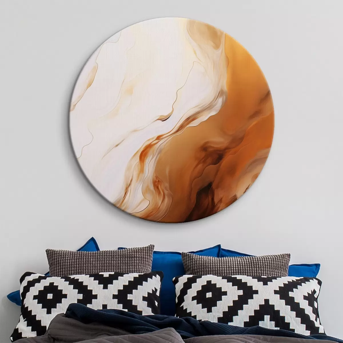 Runde Wandbilder Abstrakte Malerei-Imitation in Weiß und Orange, Fluid Art mit wellenförmigen Linien, moderne Kunst r45939