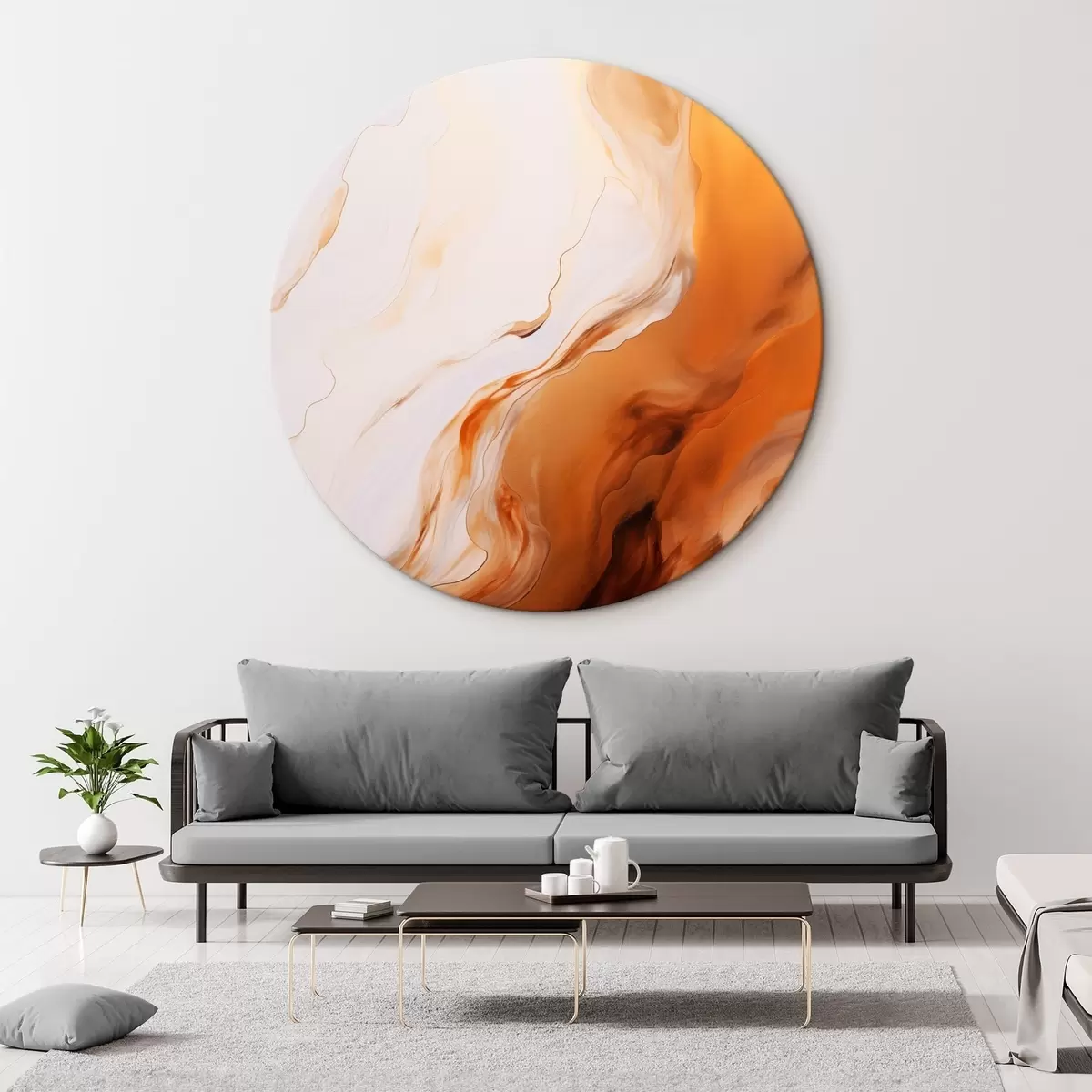 Runde Wandbilder Abstrakte Malerei-Imitation in Weiß und Orange, Fluid Art mit wellenförmigen Linien, moderne Kunst r45939