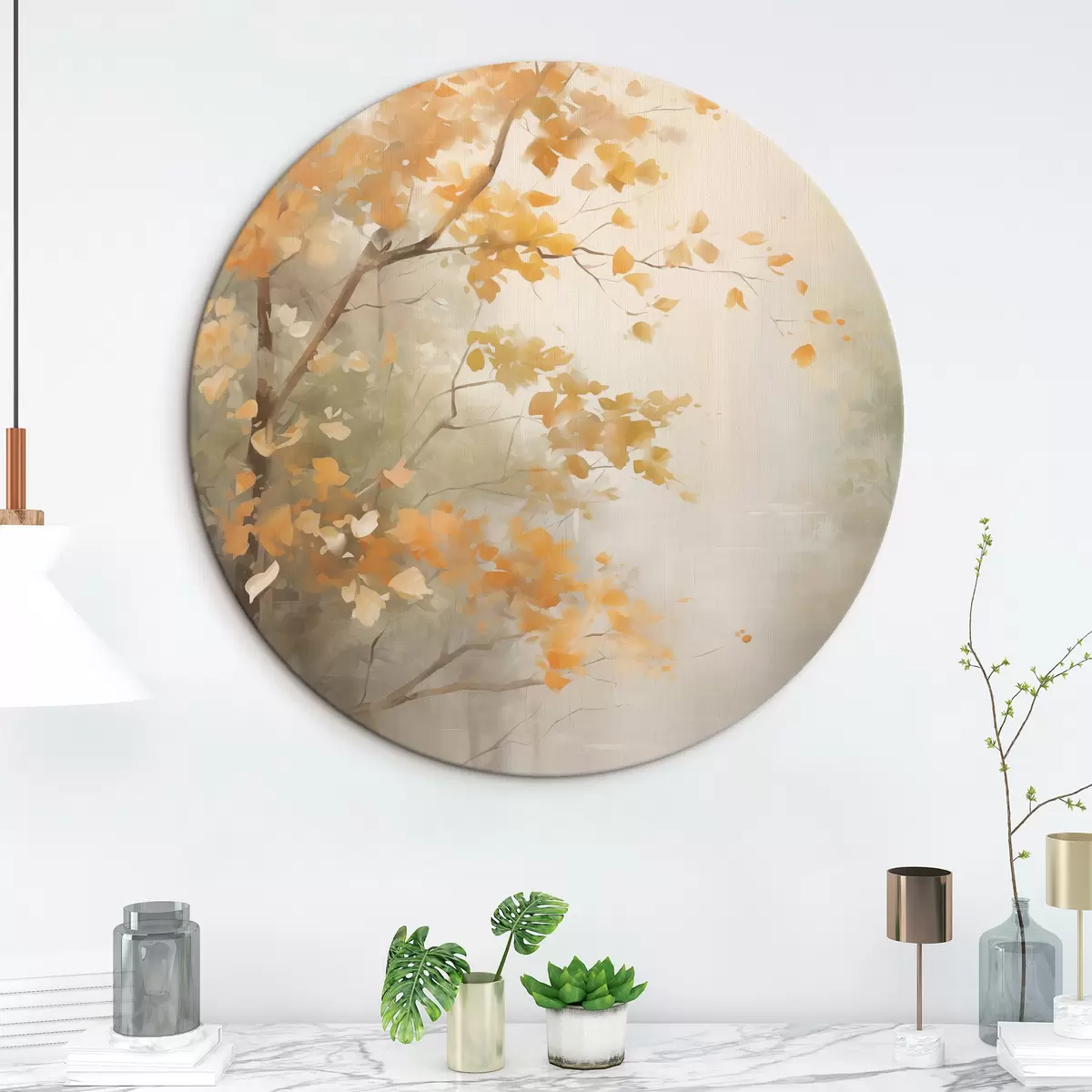 Runde Wandbilder Herbstliche Äste mit orangefarbenen Blättern in einem Wald mit sanftem Licht r45940