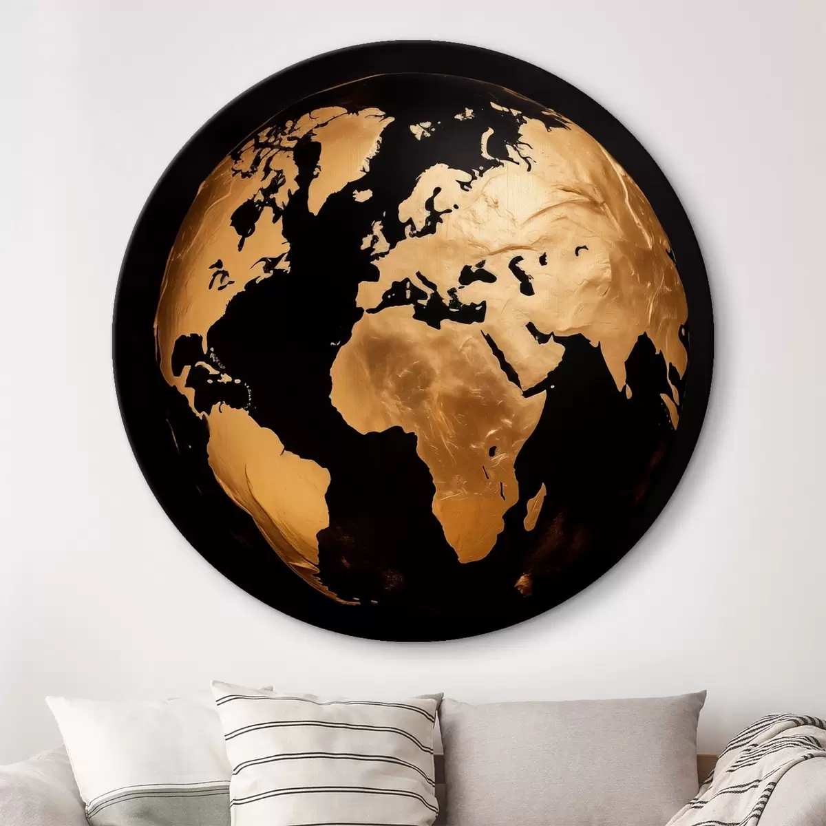 Runde Wandbilder Gelber strukturierter abstrakter Erdglobus, Planet auf schwarzem Hintergrund, moderne minimalistische Kunst r45942