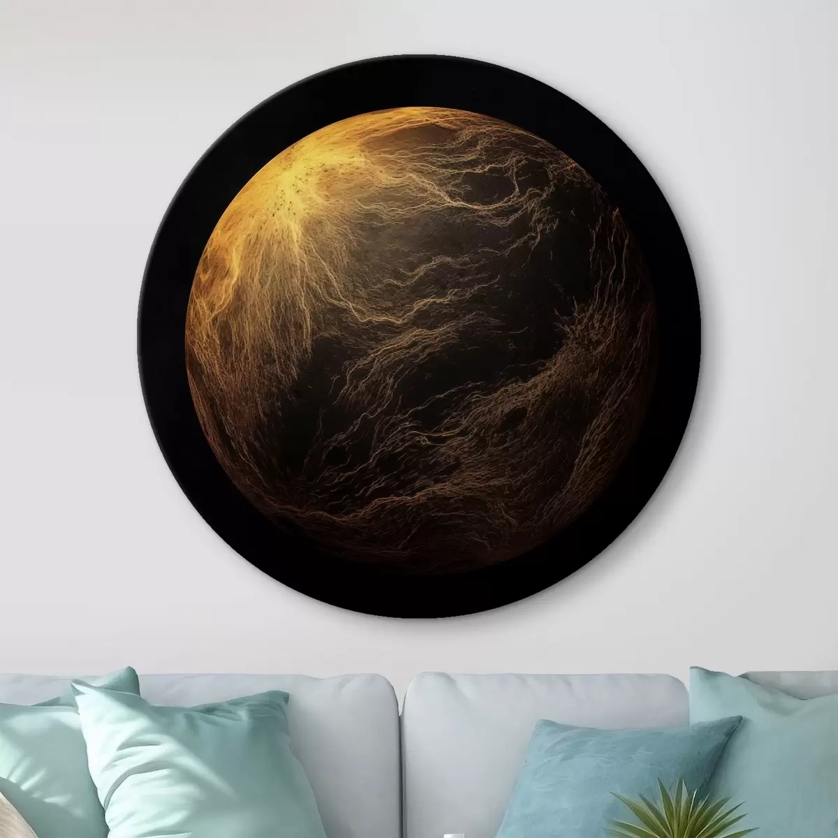 Runde Wandbilder Abstrakter Planet mit orangefarbenen Adern vor schwarzem Weltraumhintergrund, moderne minimalistische Kunst r45943