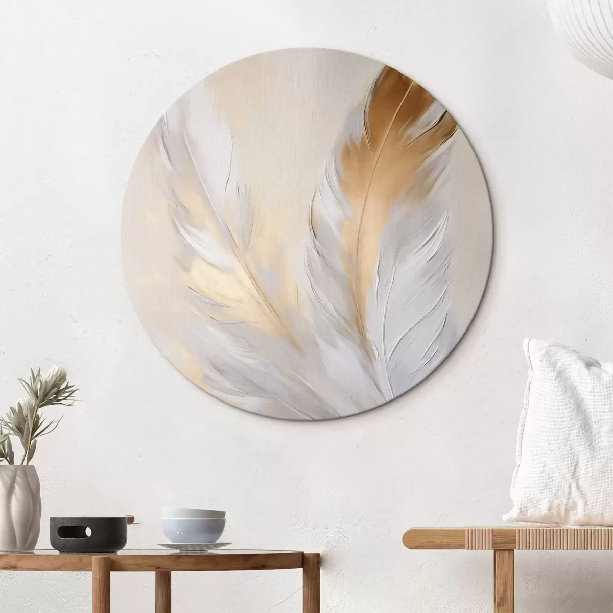 Runde Wandbilder Federn mit orangefarbenen Akzenten, sanfte Beleuchtung, strukturierte minimalistische Komposition, moderne Kunst r45944