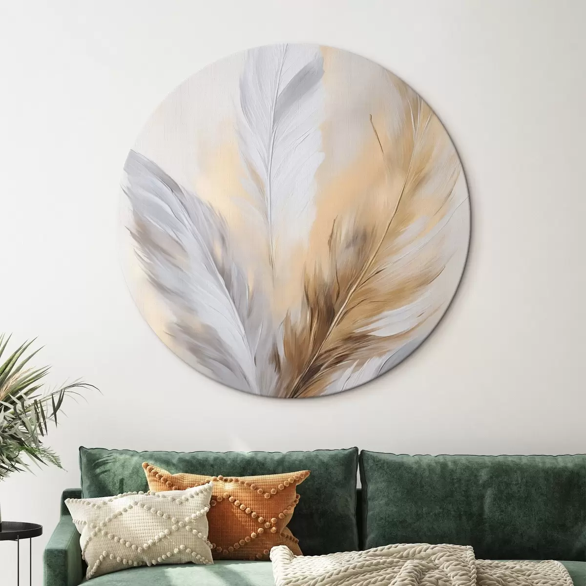 Runde Wandbilder Federn mit orangefarbenen Akzenten, strukturierte minimalistische Komposition, moderne Kunst r45945