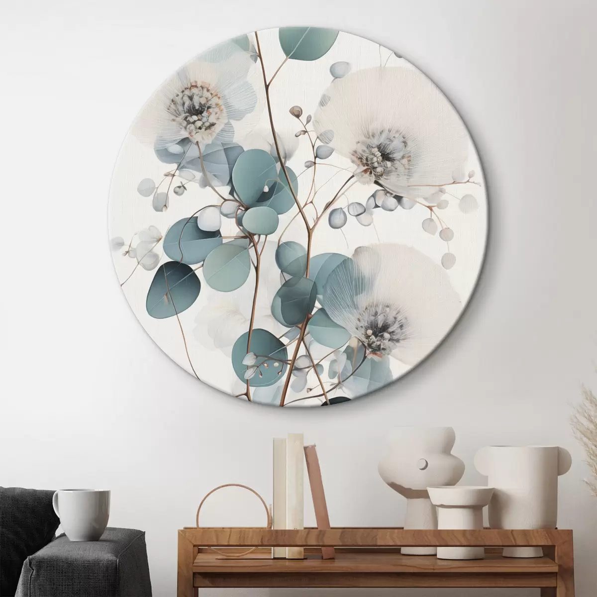 Runde Wandbilder Eukalyptus-Blüten mit weißen Blütenblättern, gedeckten grünen Blättern an Zweigen r45946