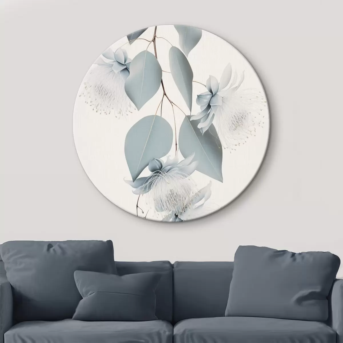 Runde Wandbilder Eukalyptuszweig mit blauen Blättern und weißen Blüten, heller Hintergrund r45947